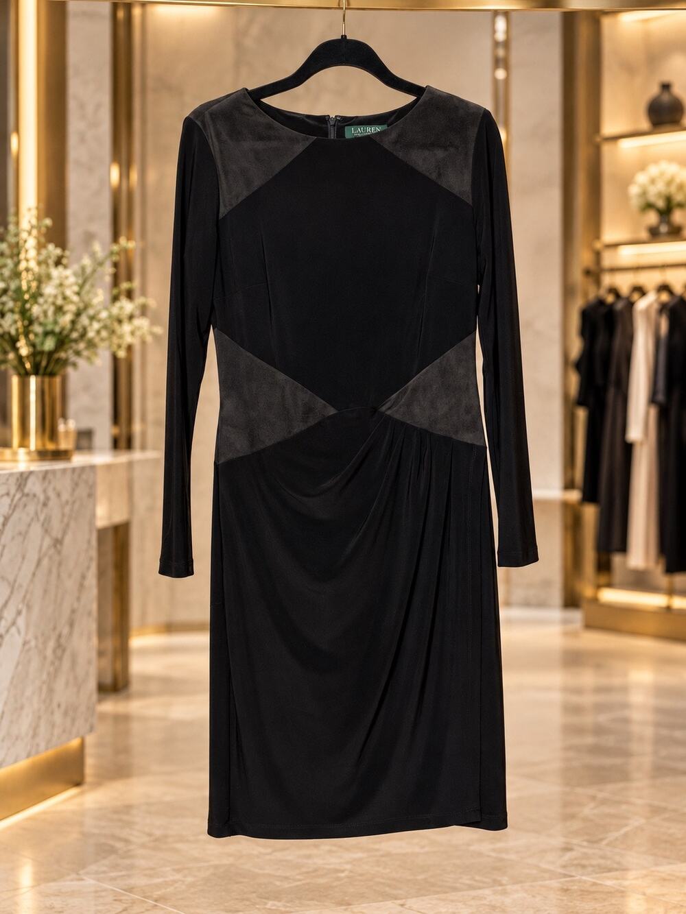 Lauren Ralph Lauren Faux Suede Faux Wrap Dress Black Stretch Long Sleeve Size 8